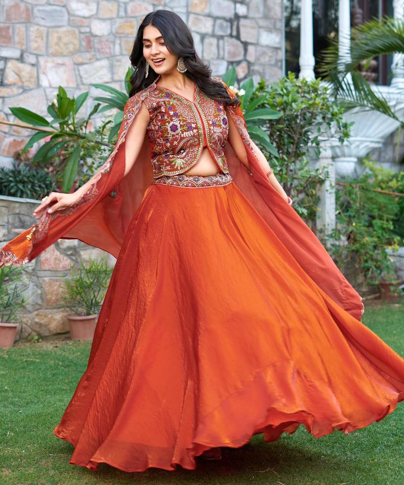 Orange Pure Fendy Silk Embroidered Wedding Lehenga Choli with Dupatta