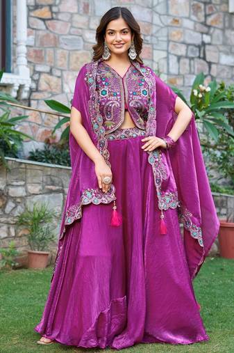 Purple Pure Fendy Silk Embroidered Wedding Lehenga Choli with Dupatta