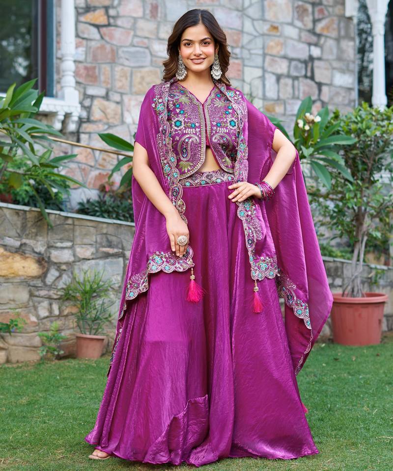Purple Pure Fendy Silk Embroidered Wedding Lehenga Choli with Dupatta