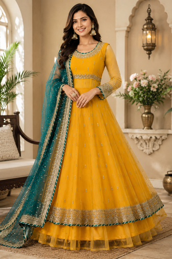 Yellow Soft Net Gown Lehenga Set with Thread & Sequin Work Dupatta