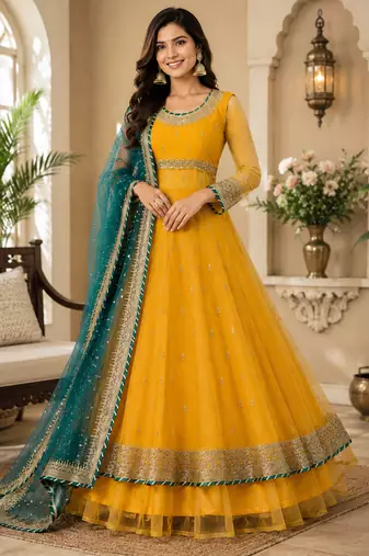 Yellow Soft Net Gown Lehenga Set with Thread & Sequin Work Dupatta