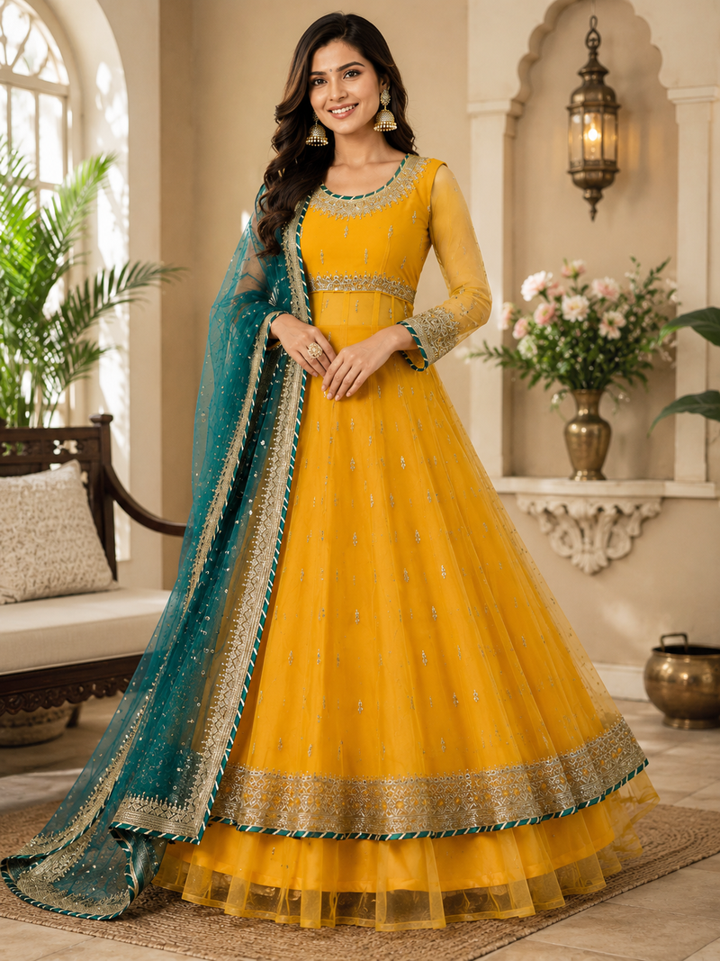 Yellow Soft Net Gown Lehenga Set with Thread & Sequin Work Dupatta