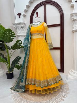 Yellow Soft Net Gown Lehenga Set with Thread & Sequin Work Dupatta 2