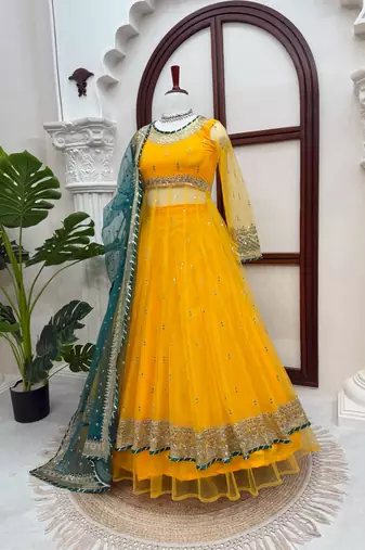 Yellow Soft Net Gown Lehenga Set with Thread & Sequin Work Dupatta