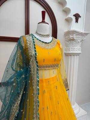 Yellow Soft Net Gown Lehenga Set with Thread & Sequin Work Dupatta 3