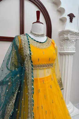 Yellow Soft Net Gown Lehenga Set with Thread & Sequin Work Dupatta