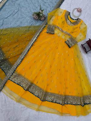 Yellow Soft Net Gown Lehenga Set with Thread & Sequin Work Dupatta 4