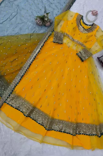 Yellow Soft Net Gown Lehenga Set with Thread & Sequin Work Dupatta