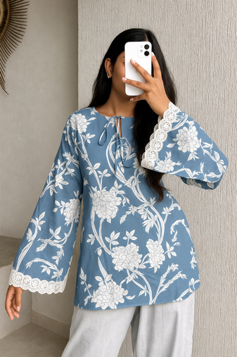 Rayon Floral Booti Short Kurti with Tie-Up Neck Detail