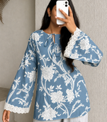 Rayon Floral Booti Short Kurti with Tie-Up Neck Detail