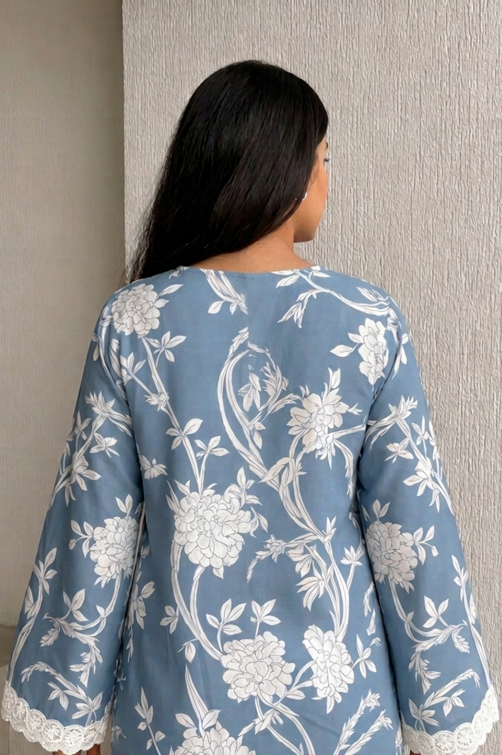 Rayon Floral Booti Short Kurti with Tie-Up Neck Detail