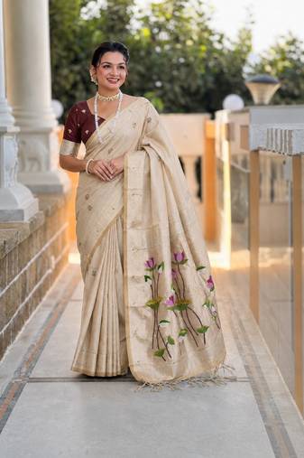 Cream color cotton silk fabric rich wevon meenakari designer ceremonial saree