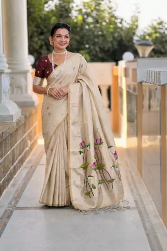 Cream color cotton silk fabric rich wevon meenakari designer ceremonial saree