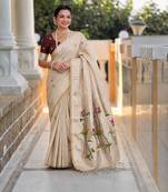 Cream color cotton silk fabric rich wevon meenakari designer ceremonial saree