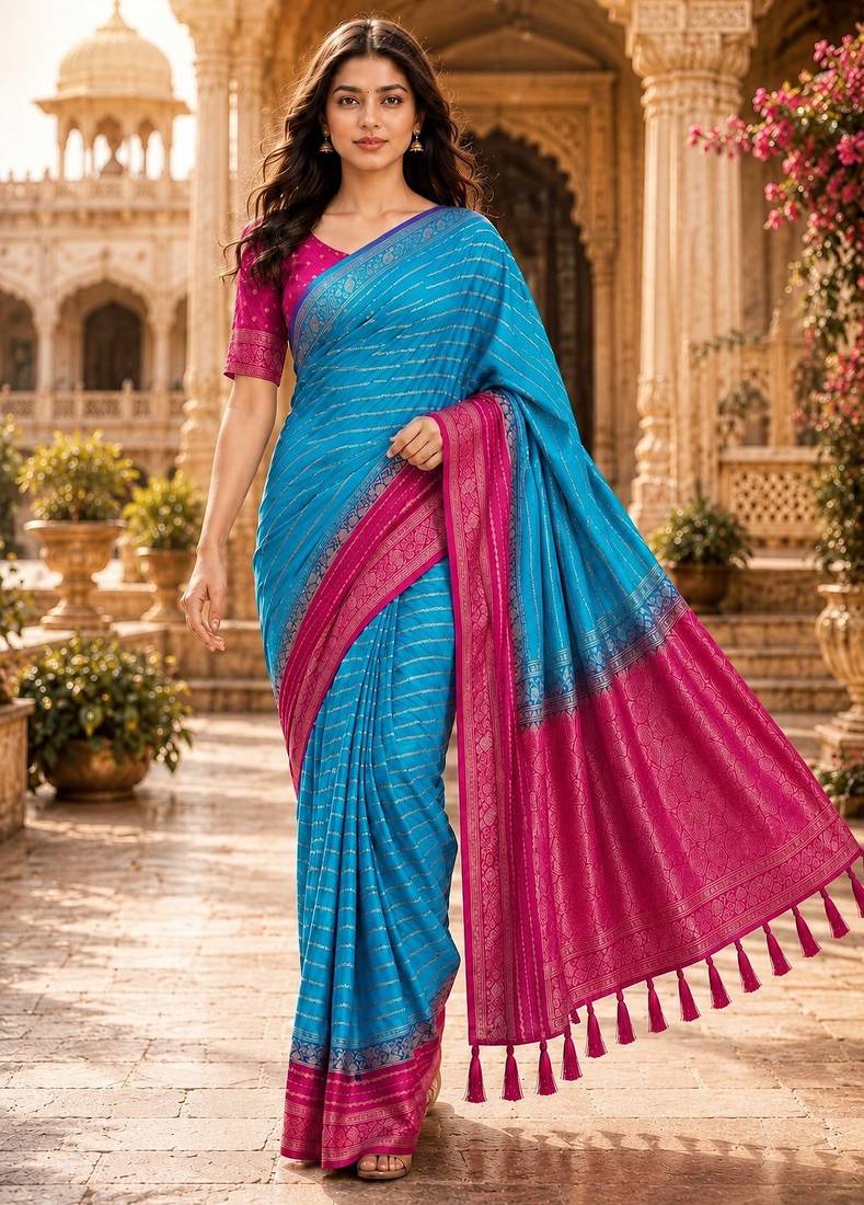 Bule color designer wevon jacquard designer crepe fabric traditional rich saree