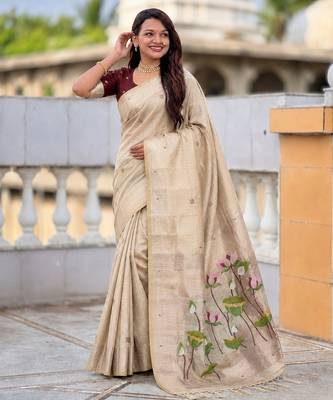 Cream color cotton silk fabric rich wevon meenakari designer ceremonial saree 3