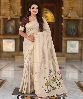 Cream color cotton silk fabric rich wevon meenakari designer ceremonial saree 4