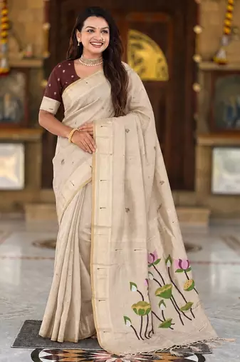 Cream color cotton silk fabric rich wevon meenakari designer ceremonial saree