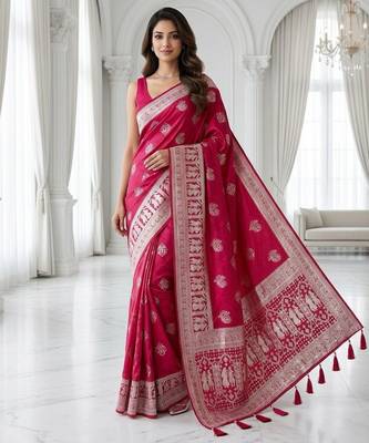Cherry color lichi silk fabric woven silver jari designer saree 1