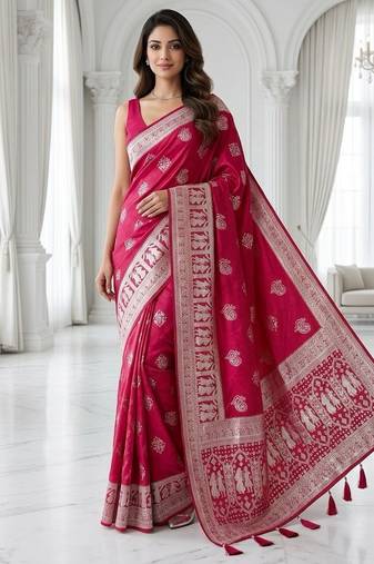 Cherry color lichi silk fabric woven silver jari designer saree