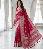 Cherry color lichi silk fabric woven silver jari designer saree