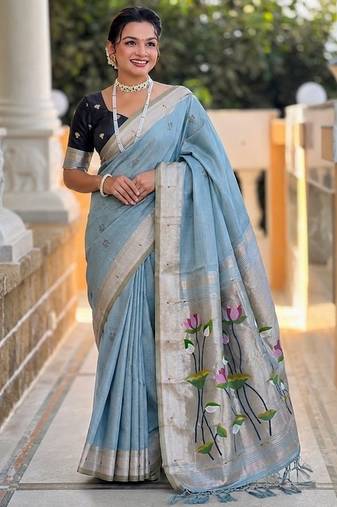 Firozi color cotton silk fabric rich wevon meenakari designer ceremonial saree