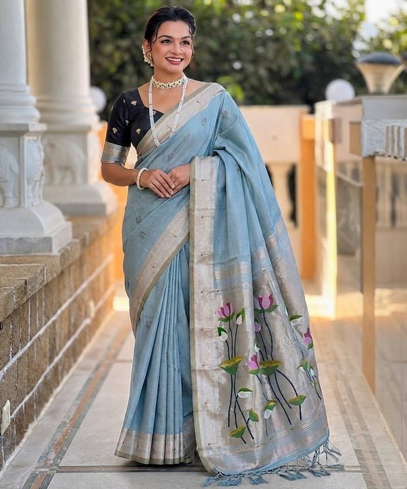 Firozi color cotton silk fabric rich wevon meenakari designer ceremonial saree