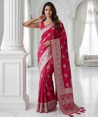 Cherry color lichi silk fabric woven silver jari designer saree 2