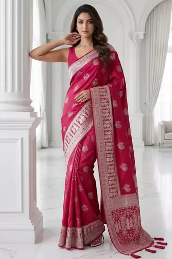 Cherry color lichi silk fabric woven silver jari designer saree
