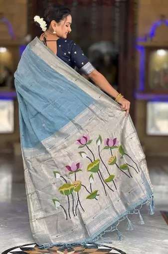 Firozi color cotton silk fabric rich wevon meenakari designer ceremonial saree