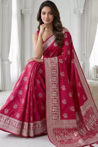 Cherry color lichi silk fabric woven silver jari designer saree