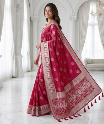 Cherry color lichi silk fabric woven silver jari designer saree 4