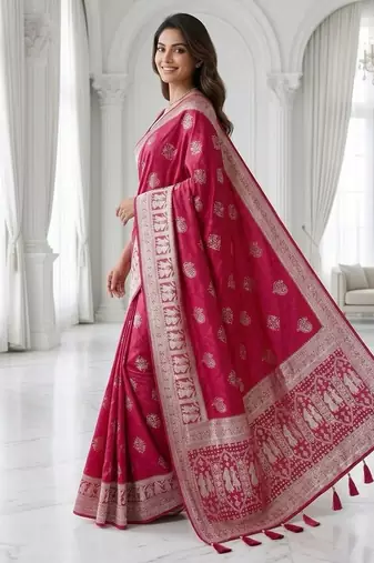 Cherry color lichi silk fabric woven silver jari designer saree