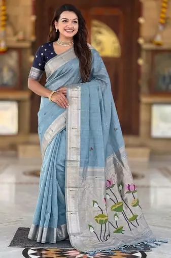 Firozi color cotton silk fabric rich wevon meenakari designer ceremonial saree