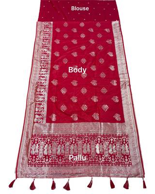 Cherry color lichi silk fabric woven silver jari designer saree 5