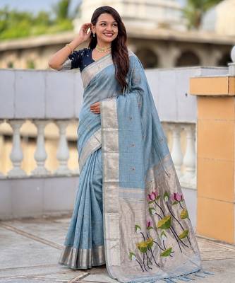 Firozi color cotton silk fabric rich wevon meenakari designer ceremonial saree 5