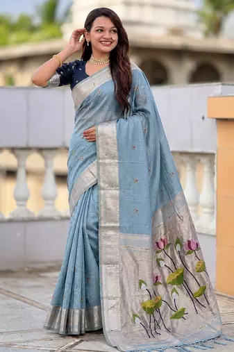 Firozi color cotton silk fabric rich wevon meenakari designer ceremonial saree