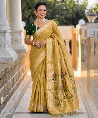 Mustard color cotton silk fabric rich wevon meenakari designer ceremonial saree 1