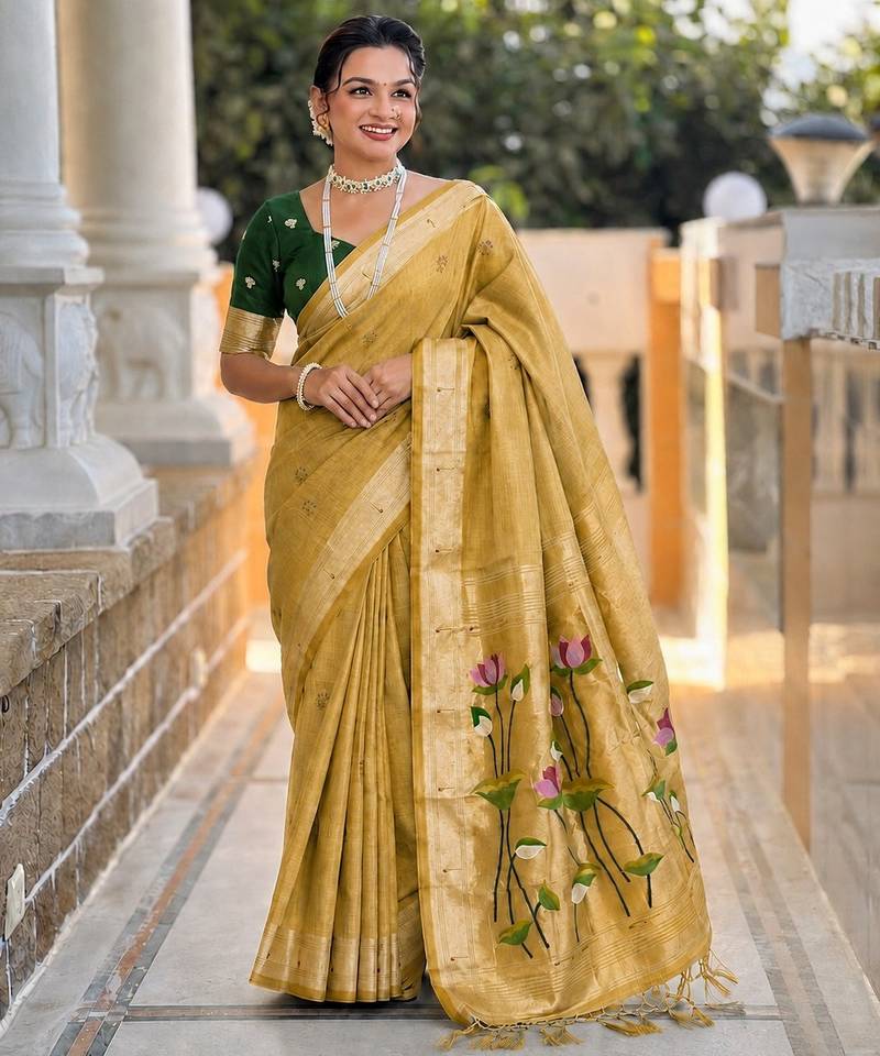 Mustard color cotton silk fabric rich wevon meenakari designer ceremonial saree