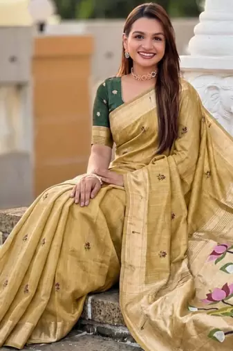 Mustard color cotton silk fabric rich wevon meenakari designer ceremonial saree