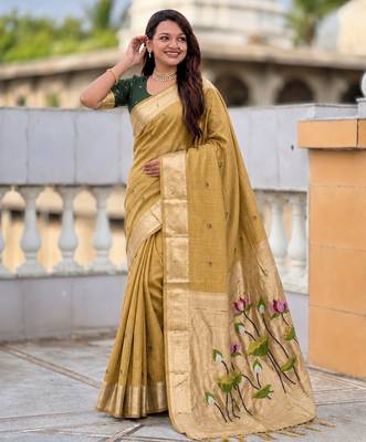 Mustard color cotton silk fabric rich wevon meenakari designer ceremonial saree 4