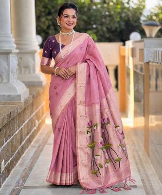 Pink color cotton silk fabric rich wevon meenakari designer ceremonial saree 1