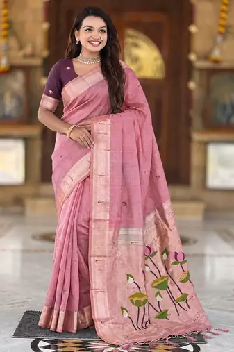 Pink color cotton silk fabric rich wevon meenakari designer ceremonial saree