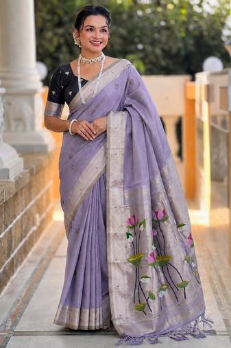 Lavender color cotton silk fabric rich wevon meenakari designer ceremonial saree