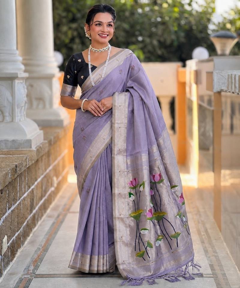Lavender color cotton silk fabric rich wevon meenakari designer ceremonial saree