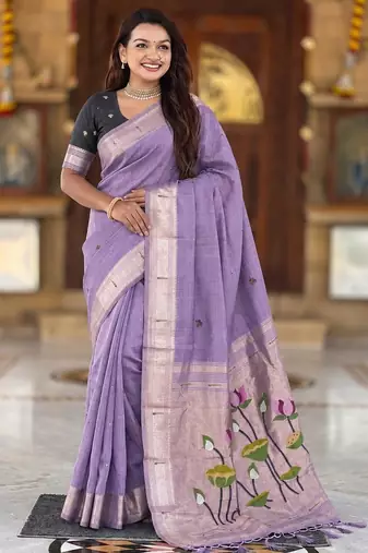Lavender color cotton silk fabric rich wevon meenakari designer ceremonial saree
