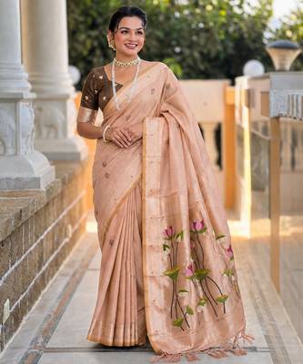 Peach color cotton silk fabric rich wevon meenakari designer ceremonial saree 1