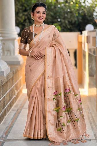 Peach color cotton silk fabric rich wevon meenakari designer ceremonial saree