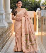 Peach color cotton silk fabric rich wevon meenakari designer ceremonial saree