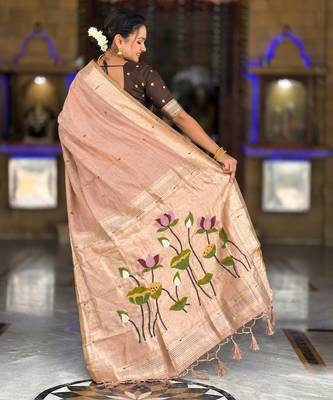 Peach color cotton silk fabric rich wevon meenakari designer ceremonial saree 2